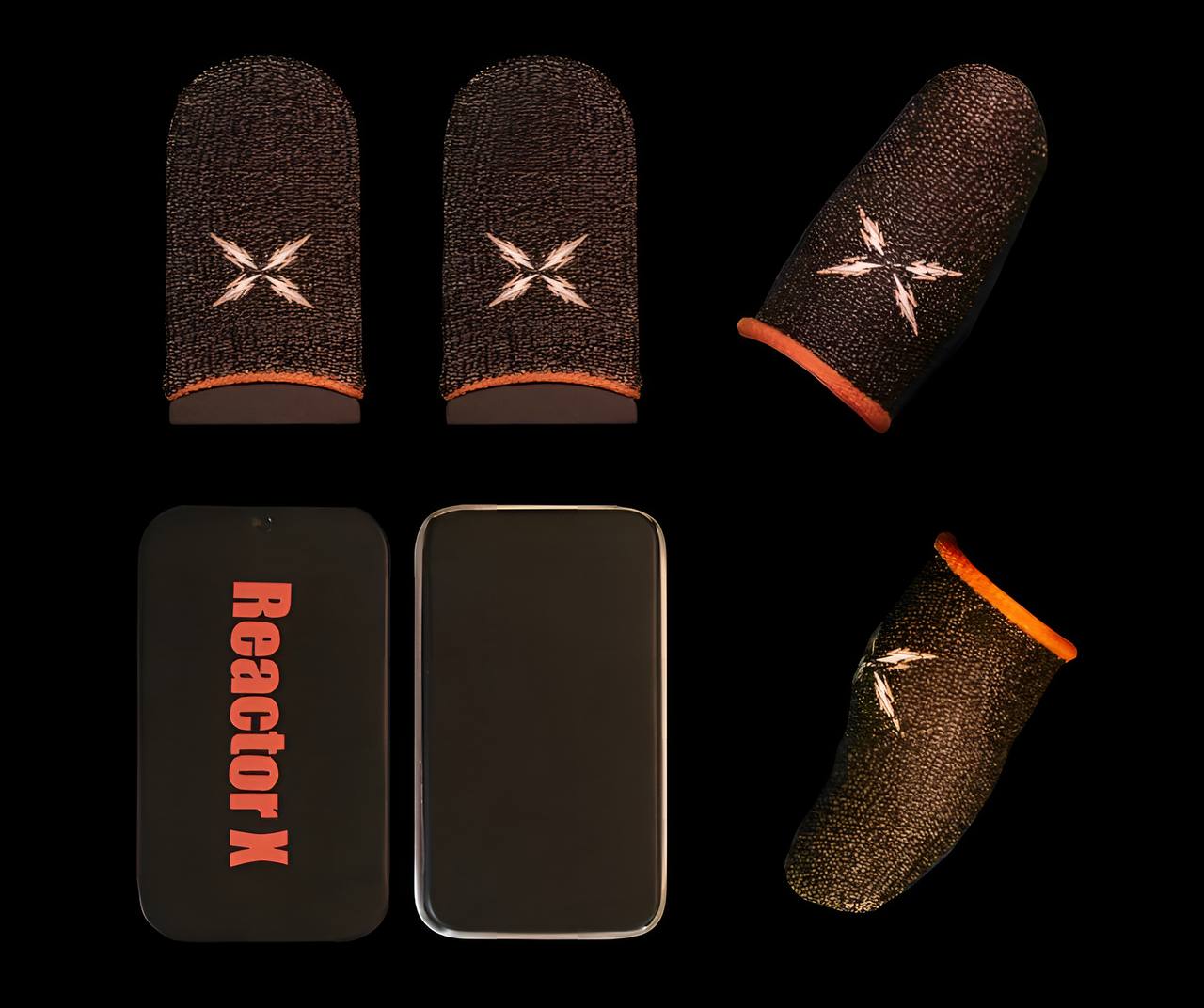 Reactor X best comfortable ultra-thin gaming finger sleeves - mobile gaming finger sleeves pair with metal case on a black background.